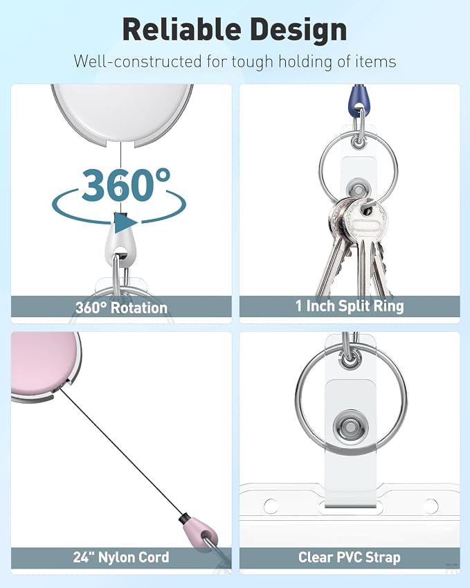 Uniclife 10 Pack Retractable Badge Reel for Badge Holder Heavy Duty Retractable Keychain Strong Colorful ABS Casing with Stainless Steel Spring Coil 24 inch Nylon Rope Carabiner and Key Ring, 5 Colors
