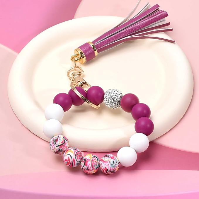 BAOSIWA Silicone Beaded Bracelet Keychain Wristlet Key Ring Bangle Chains for Women with Leather Tassel