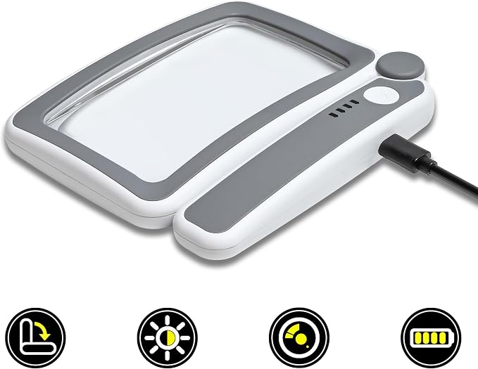 Rechargeable LED Magnifying Glass for Reading Books, Bible & Small Print, 4X Optical-Grade Rectangular Lens with 3 Adjustable Brightness Levels, USB-C Foldable Magnifier Gift for Seniors, Low Vision