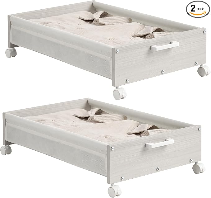 FOUCSSOMEI Under Bed Storage with Wheels, Wooden Under Bed Drawers On Wheels, Rolling Under Bed Shoe Storage, Space Saving,White,50L