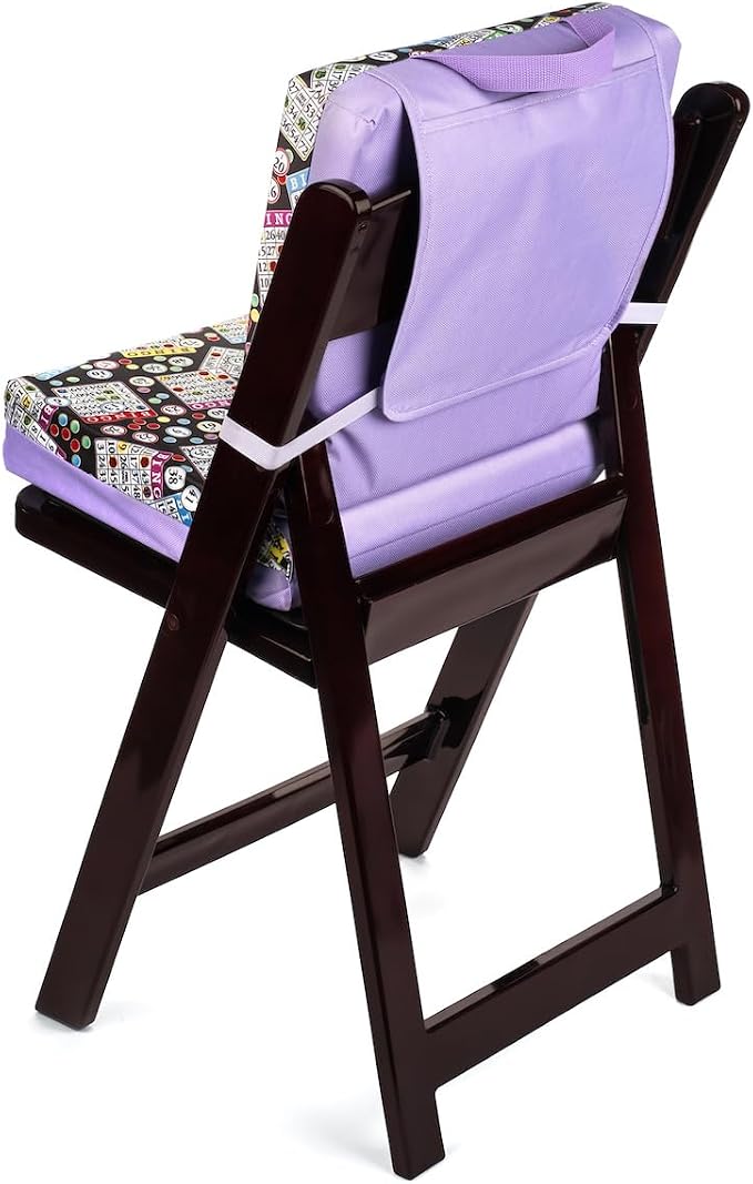 Classic Bingo Pattern Seat Cushion – Extra Thick 3” Bingo Pillow with Strap, Storage Pouch & Handles – Comfortable Folding Chair Cushion for Bingo Nights (Purple)