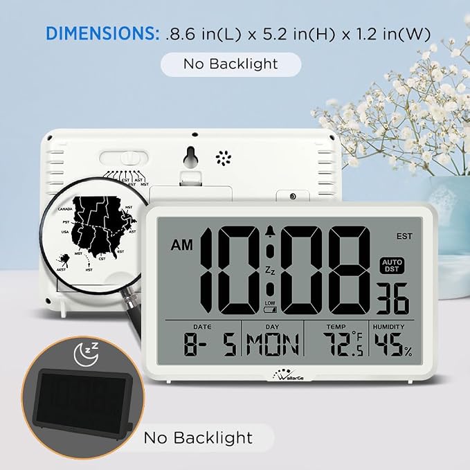 WallarGe Auto Set Digital Wall Clock Battery Operated, Desk Clocks with Temperature, Humidity and Date, Large Display Digital Calendar Alarm Clock for Elderly, Bedroom, Office, 8 Time Zone, Auto DST.