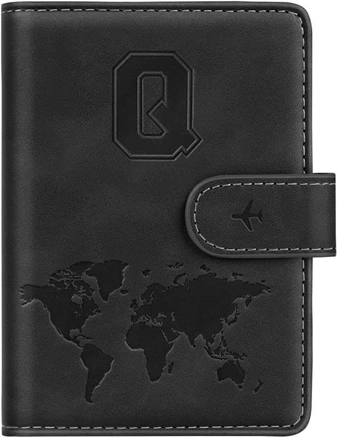 Passport Holder for Travel Essentials Personalized Initial Wallets | Embossed Letter A-Z Design, RFID Blocking, Passport Cover, Passport Book Holders, Men and Women, Personalized Gifts, Black-Q