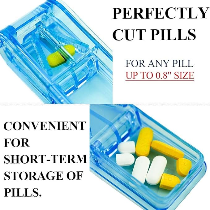 JohnBee Pill Cutter | Best Pill Cutter for Small or Large Pills | Designed in The USA| Cuts Vitamins | Includes Keychain Pill Holder (Blue) | pill splitter for small pills or 0.8" large pills