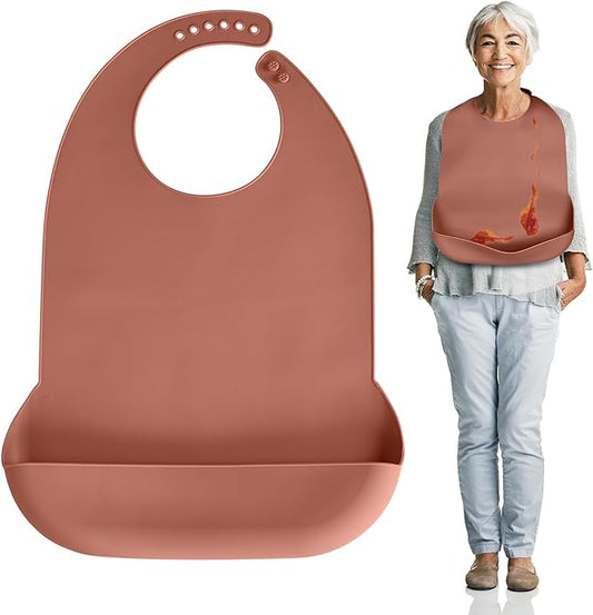 Adult Bibs for Men Women Elderly Adjustable Washable Silicone Adult Bibs for Elderly with Crumb Catcher (Brown)