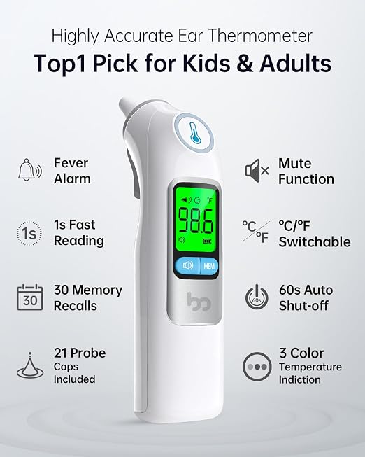 femometer Infrared Ear Thermometer for Adults & Kids, with Storage Case | Highly Accurate, 1s Fast Reading, 30 Memory Recall, 3-Color Fever Alarm, with 21 Disposable Probe Covers & Storage Case