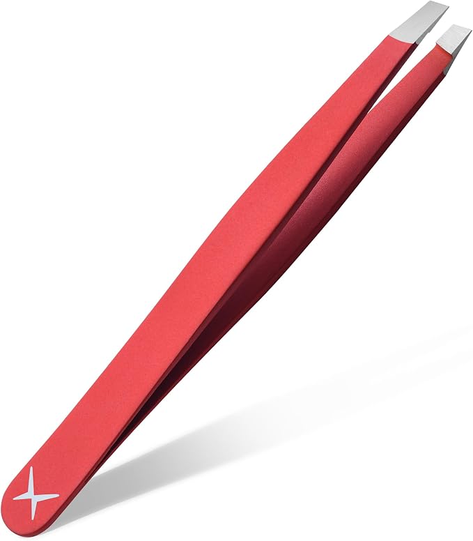 Professional Slant Tip Tweezers - Precision Stainless Steel Eyebrow Plucking Tool for Women and Men, Ingrown Hair Remover, Facial Hair Tweezers for Grooming (Neon Coral)