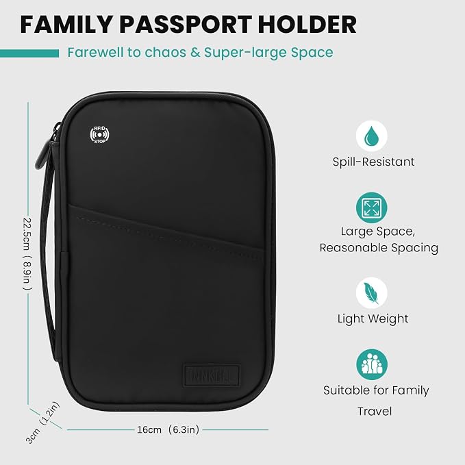 Passport Holder Travel Wallet, Black | RFID Blocking, Waterproof, Multiple Compartments, Multiple Compartments, For Men and Women