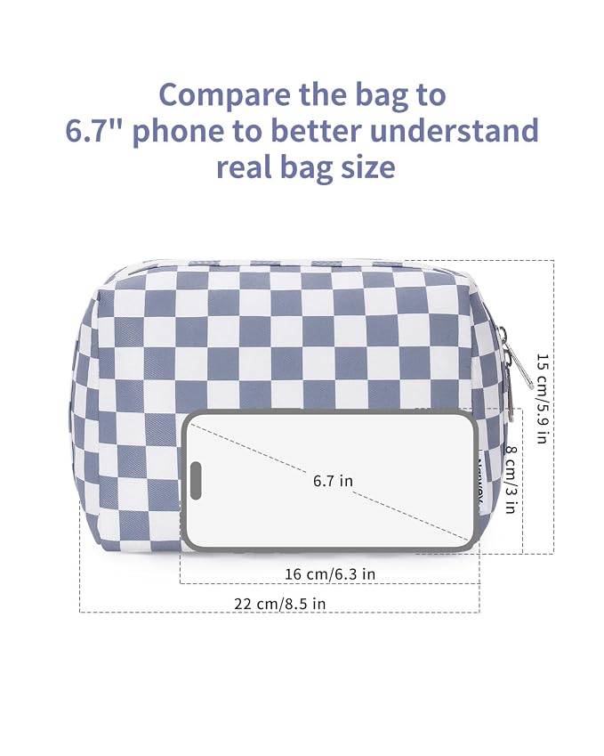 Narwey Checkered Makeup Bag Travel Cosmetic Bag Organizer Toiletry Bag Make Up Bags with Compartments for Women Girls (Large, Grayish Blue Checkerboard)