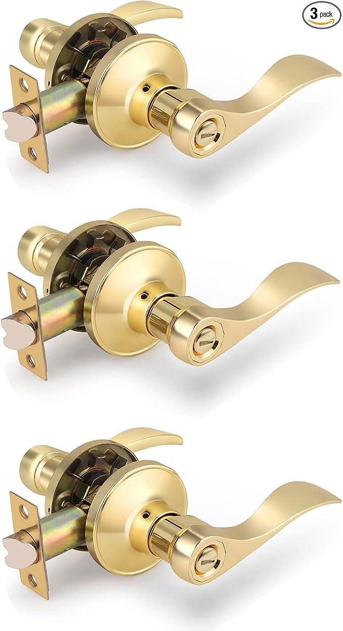 Gobrico Drop Bed and Bath Door Locks Privacy Levers for Interior Door,Polished Brass Finished,Thumb-Turn Button on Interior Lever,3Pack
