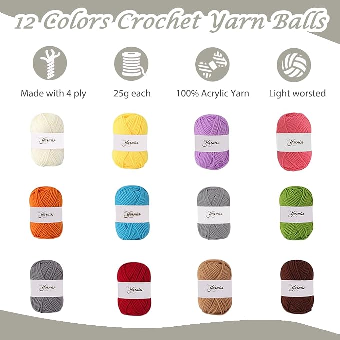 Yarniss Crochet Kit for Beginners - 840 Yards Crochet Yarn and 12 Sizes (2.0-8.0mm) Ergonomic Hooks with Organizer Bag, All Inclusive Crocheting & Knitting Set for Adults
