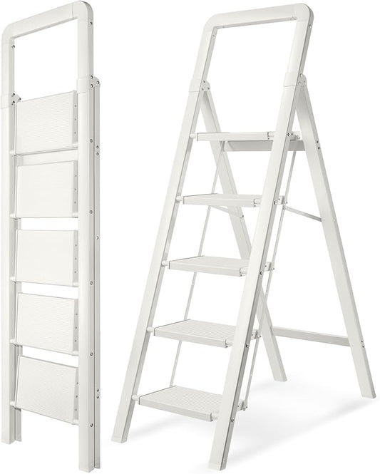 Step Ladders Folding 5-Step White Finish Aluminum Foldable Step Stool,Anti-Slip Portable Sturdy for Home & Kitchen Office 330 lbs