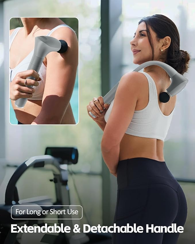 2-in-1 Detachable Percussion Massage Gun with Extension Handle, Back Massager for Pain Relief Deep Tissue Muscle Massager for Arm Shoulder Lower Back Thigh Waist Grey