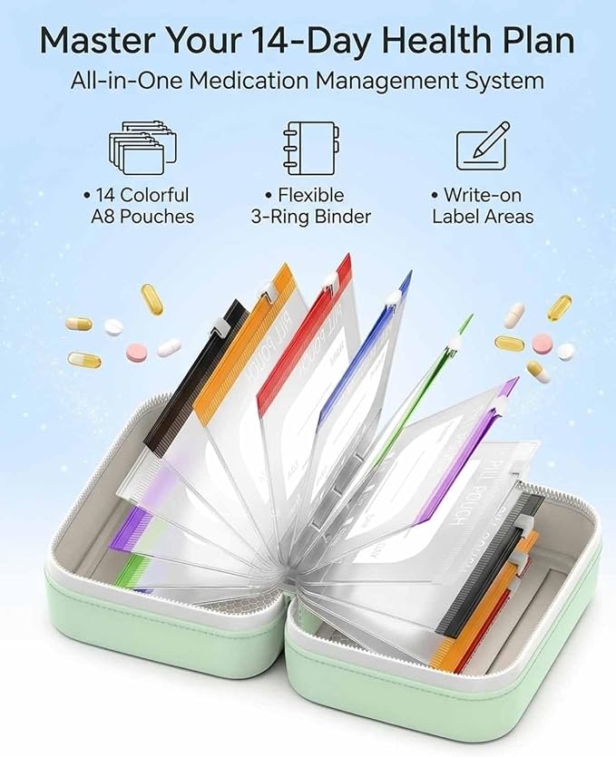Waterproof Pill Organizer A8 Binder Set Pill Pouches for Travel 14PCS Bags Inside Large Zippered Pouch Bpa-Free Weekly Medicine Air Tight Pocket Color-Coded Reusable Travel Storage System