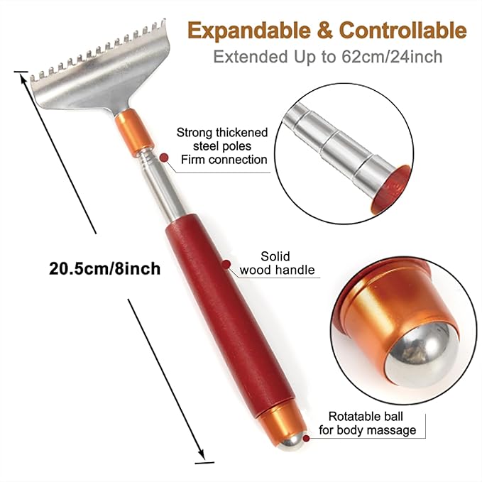Back Scratcher with 2Pcs Large Detachable Heads, Telescoping Back Scratcher for Women Men, Stainless Steel Wide Claws/Roller Ball/Wooden Handle, Heavy Duty Body Scratcher Massager
