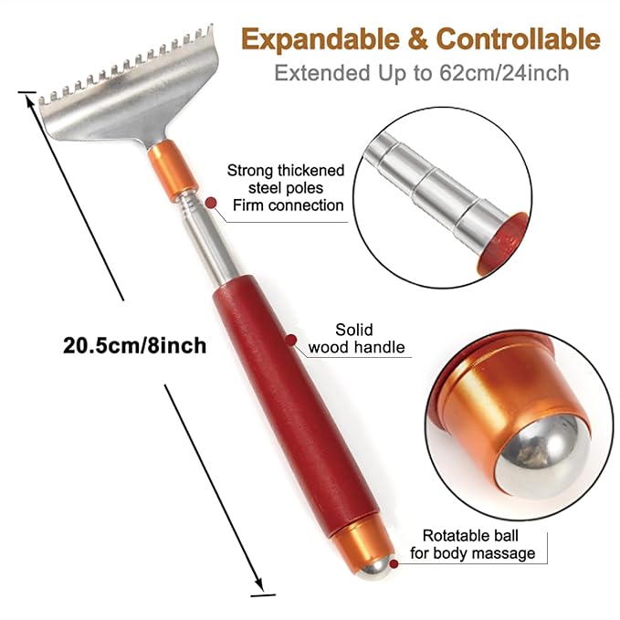 Back Scratcher with 2Pcs Wide Detachable Heads, Azymi Telescopic Back Scratcher for Women Men, 304 Stainless Steel Claws/Roller Ball/Wooden Handle, Long Big Heavy Duty Head Body Scratcher Massager