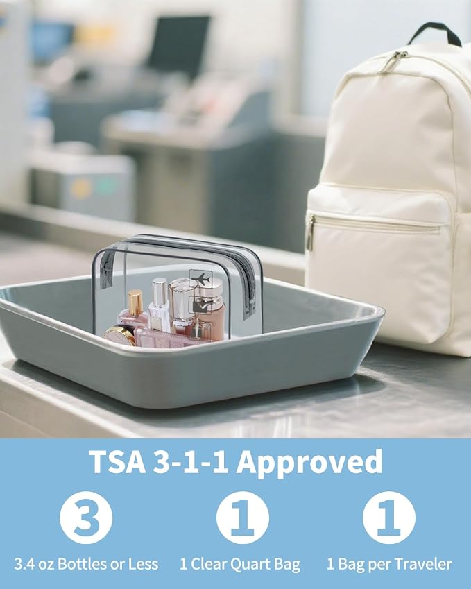 WANDF TSA Approved Toiletry Bag, 2 Pack Clear Makeup Bag | Quart Size, Airport Carry-On, TSA Liquids Travel Bag, Clear PVC, Women Men Travel Essentials