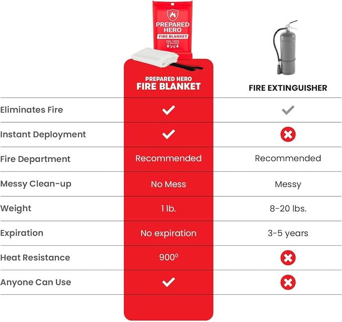 Prepared Hero Emergency Fire Blanket XL - 4 Pack - Fire Suppression for Kitchen, 47" x 71" Fiberglass Fire Blanket for Home