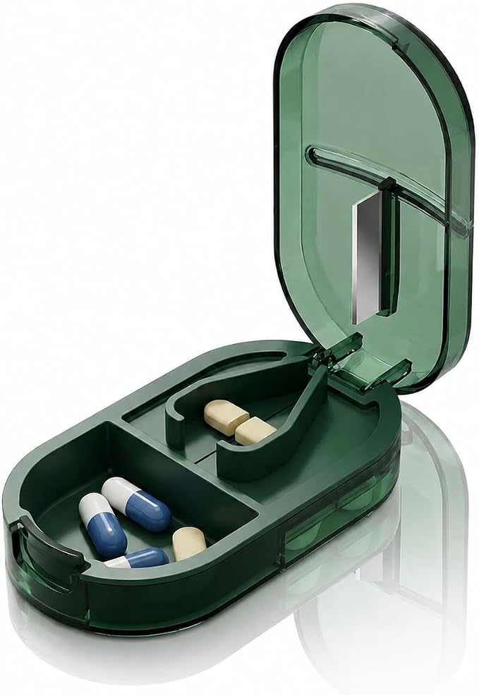 Pill Cutter Splitter for Small or Large Pills, Portable Pill Splitter with Hidden Professional Organizer and Brush, Tablet Cutter Medicine Slicer, Coupe Pilule for Tablets and Vitamins (Green)