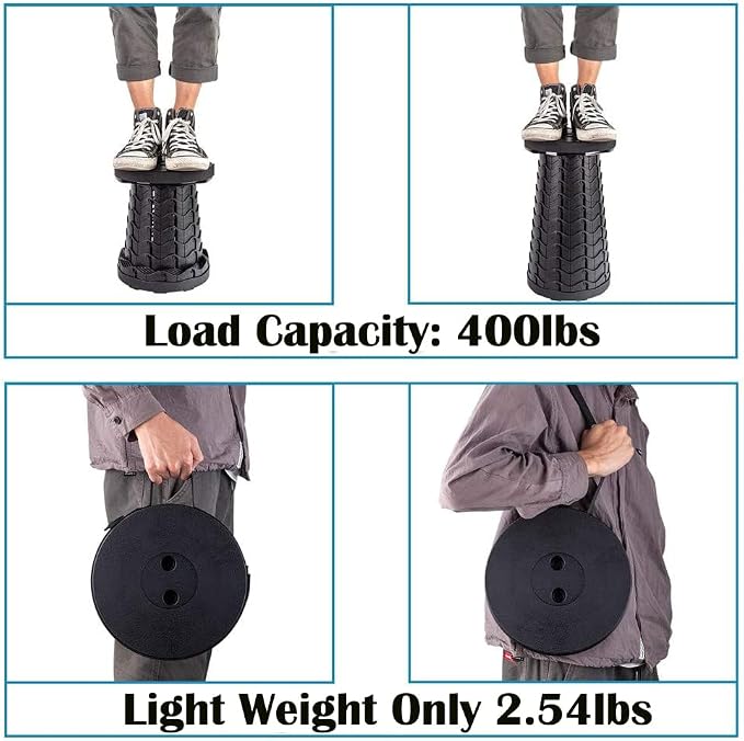Fishboy Collapsible Stool for Adults, Portable Folding Camping Seat, 400lbs | Lightweight but sturdy, retractable telescoping design with adjustable heights for fishing, hiking, travel, festivals, BBQ