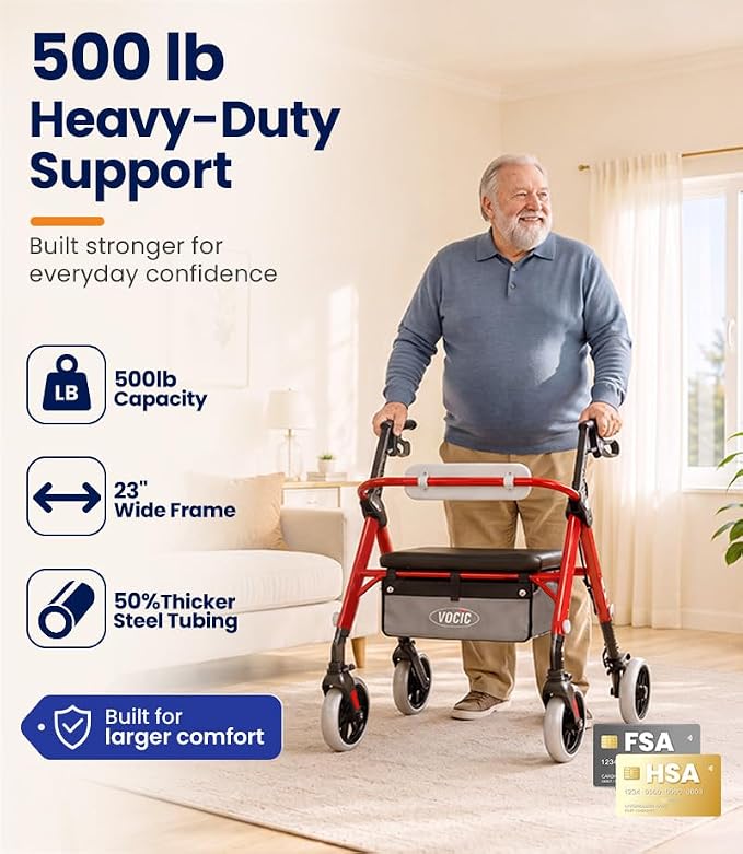 VOCIC Z11 Rollator Walkers for Seniors with Seat, 500 LBS Load, Ultra Wide | High-capacity support, 23" wide frame, ergonomic seat, dual brakes, and slim fold for home, shopping & daily walks, Red