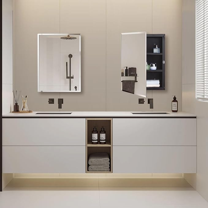 DYLLOR Black Plastic Medicine Mirror Cabinet for Bathroom with 16 x 26 inch Beveled Edge Mirror, Recessed and Surface Mount