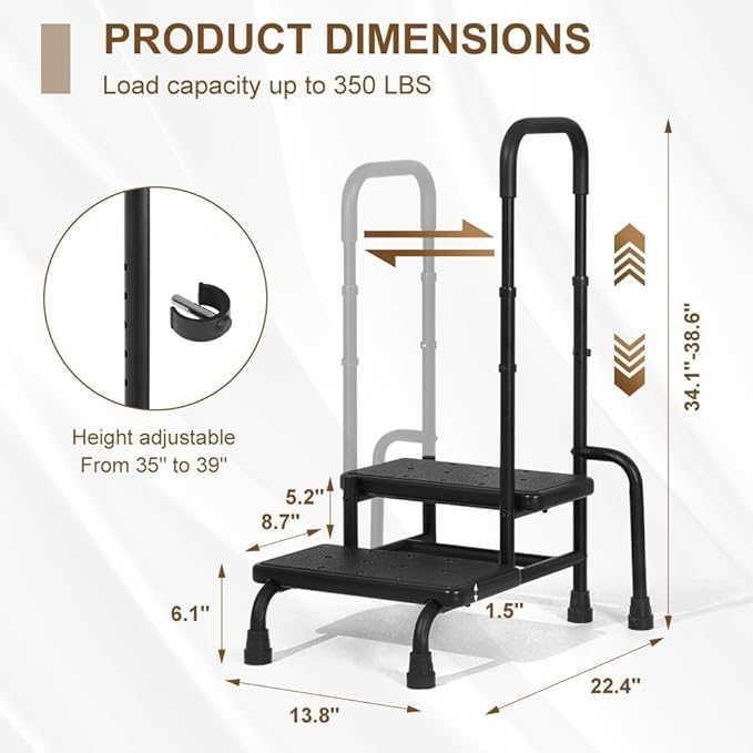 Step Stool with Handle, Heavy Duty 2 Step Stool for Elderly with Adjustable Handrail and Non-Skid Platform, Bed Steps for High Beds for Adults, Seniors, Handicap, Hold up to 400LBS