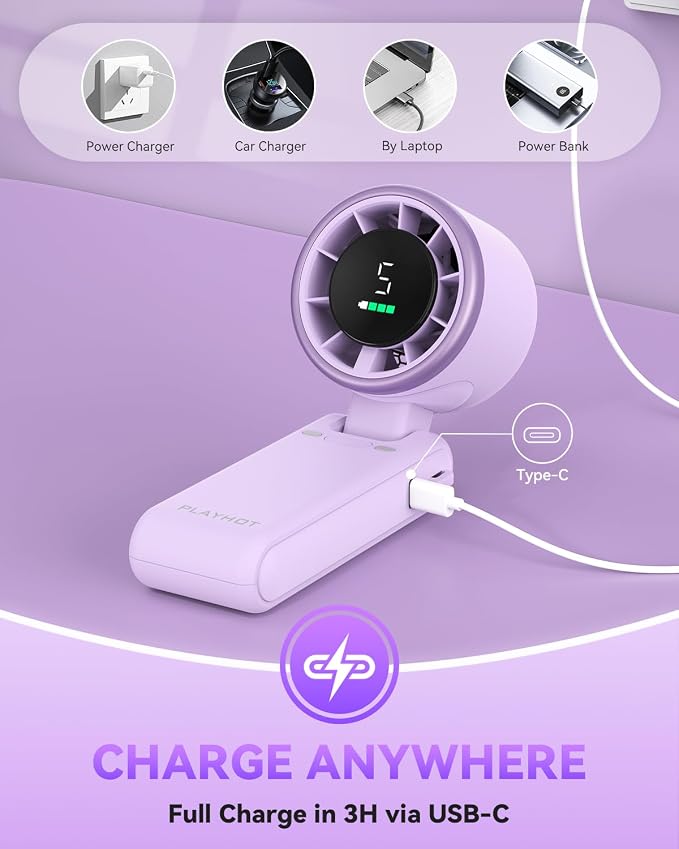 PlayHot Portable Handheld Turbo Fan, Travel Essentials, Gifts for Women/Men | 5-Speed, Up to 12H, 10m/s Airflow, USB-C Rechargeable, LED Display, 3-in-1 Foldable Personal Fan for Cruise, Beach, Vacation