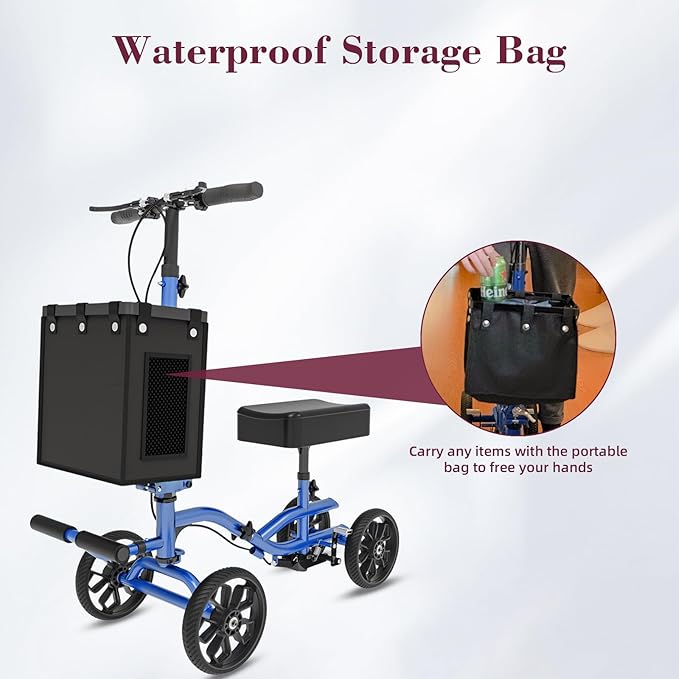 Lightweight Knee Scooter Crutch Alternative, Foldable & Adjustable Knee Scooter for Adults for Foot Surgery, Steerable Knee Walker with Detachable Storage Basket, Includes DIY Stickers-Blue
