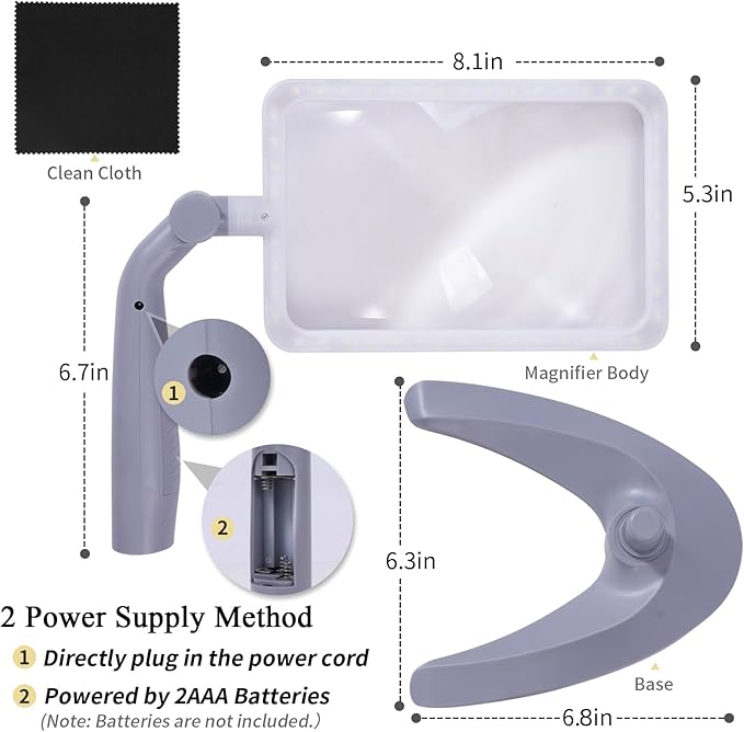 2.5X Magnifying Glass with Light and Stand, Full-Page Desktop Handheld Magnifying Glass with 48 Light for Reading Books Close Work, Powered by USB or Battery
