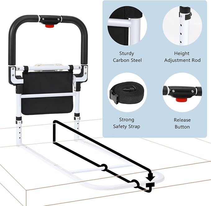 Bed Rails for Elderly Adults Safety with Foldable Non-Slip Handle, Adjustable Bed Assist Rails for Seniors, Handicap, Disable, Bed Assist Handle with Motion Light, Storage Pocket, White/Black