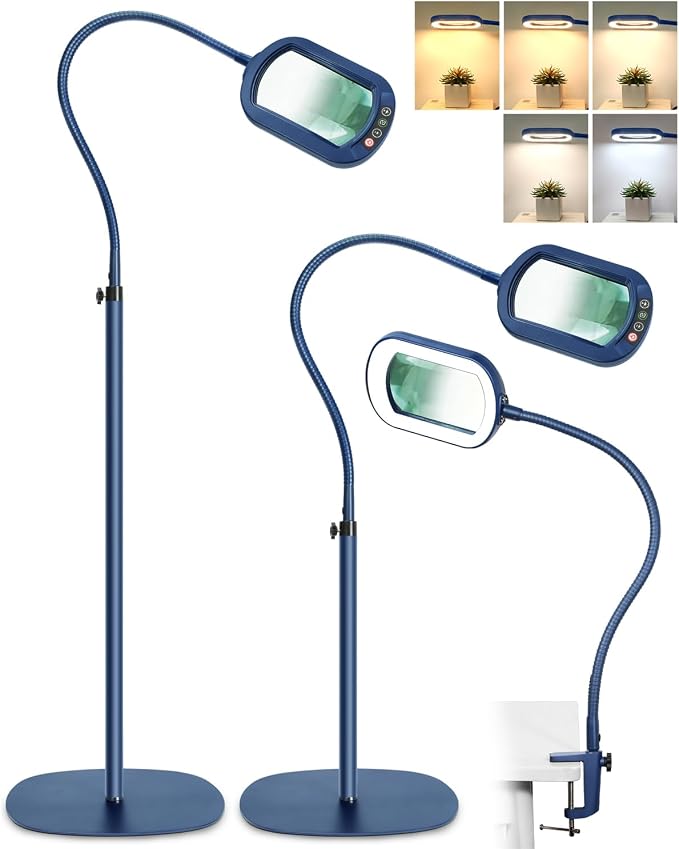 12X Rectangle Magnifying Glass with Light and Stand, 24" Flexible Gooseneck 3-in-1 Floor Lamp, 5 Color Modes Stepless Dimmable, LED Lighted Hands Free Magnifier for Reading Painting Close Work - Blue