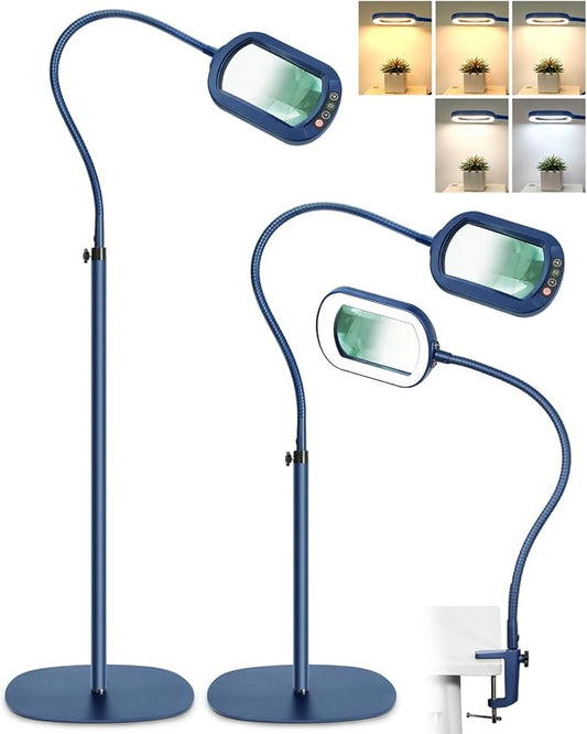 12X Rectangle Magnifying Glass with Light and Stand, 24" Flexible Gooseneck 3-in-1 Floor Lamp, 5 Color Modes Stepless Dimmable, LED Lighted Hands Free Magnifier for Reading Painting Close Work - Blue