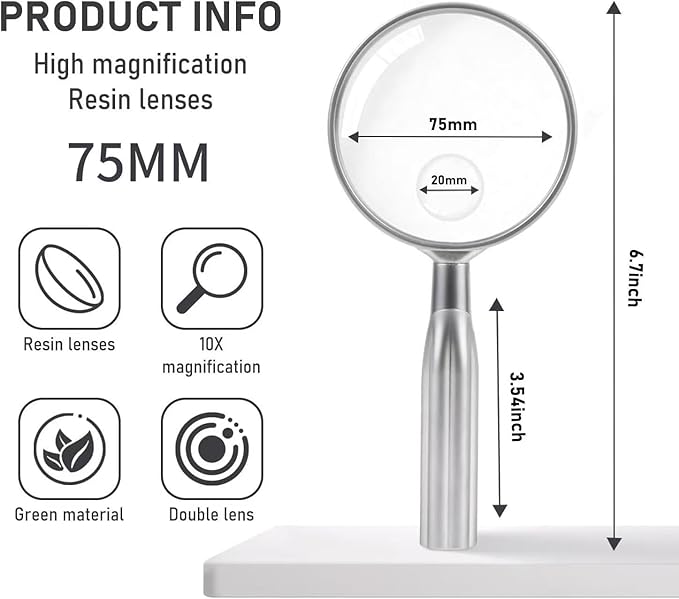 Lakei Magnifying Glass,10X Handheld Reading Magnifying Glass， 75mm Shatter Resistant Lens, Non-Slip Handle, Suitable for Elderly Reading, Adults Close Work, Hobbies and Science (Silver)