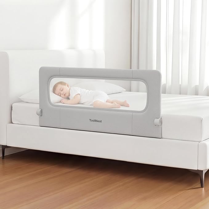 Bed Rail for Toddlers, 47 Inch Foldable Baby Guard | 47 in foldable toddler rail with reinforced anchors, no-gap mattress fit, double lock, washable fabric for King|Queen