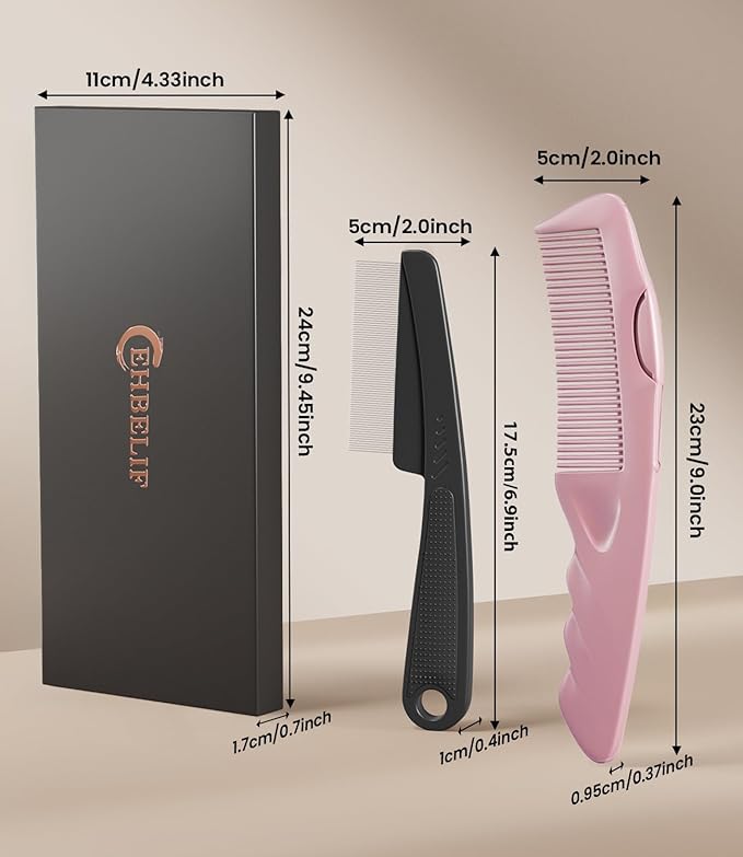 Dandruff Comb Removal 2PC Hollow Fine Tooth Scalp Detox Hair Care Tool Pink | Build up Flake Lice Comb, with Gift Box, Stainless Steel Teeth, Self Cleaning, Button Release, Scalp Massage, Women Men Kids