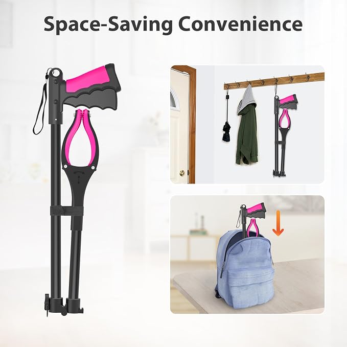32" Foldable Grabber Reacher Pickup Tool for Seniors, Pink | 360° Rotating Jaw, Magnetic Tip, Long Hand Grip Pickup Tool, Silicone Non-Slip Claws, Indoor & Outdoor