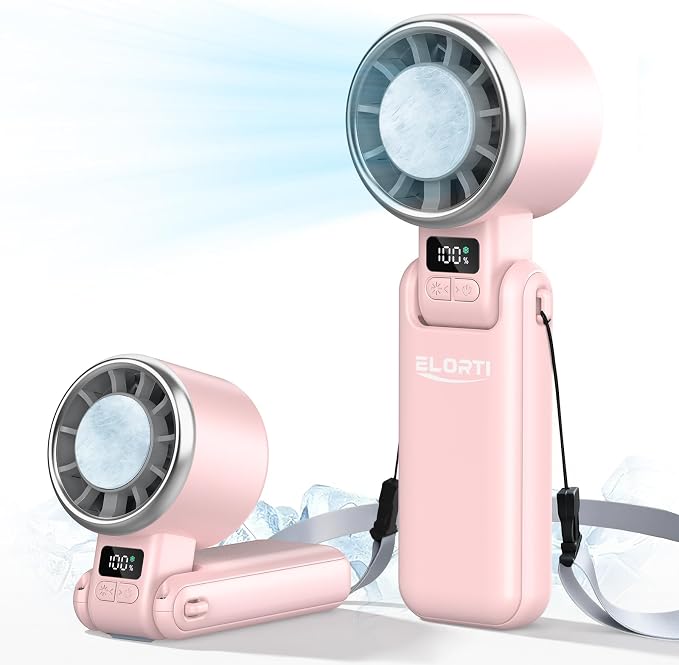 Portable Fan, Handheld Fan, Small Fan with Turbo & Ice Cooling, Hand Fan 5-Speed 4000mAh Rechargeable, 3-in-1 Foldable Personal Travel Fan, Lightweight for Beach Vacation, for Women Girl-Pink