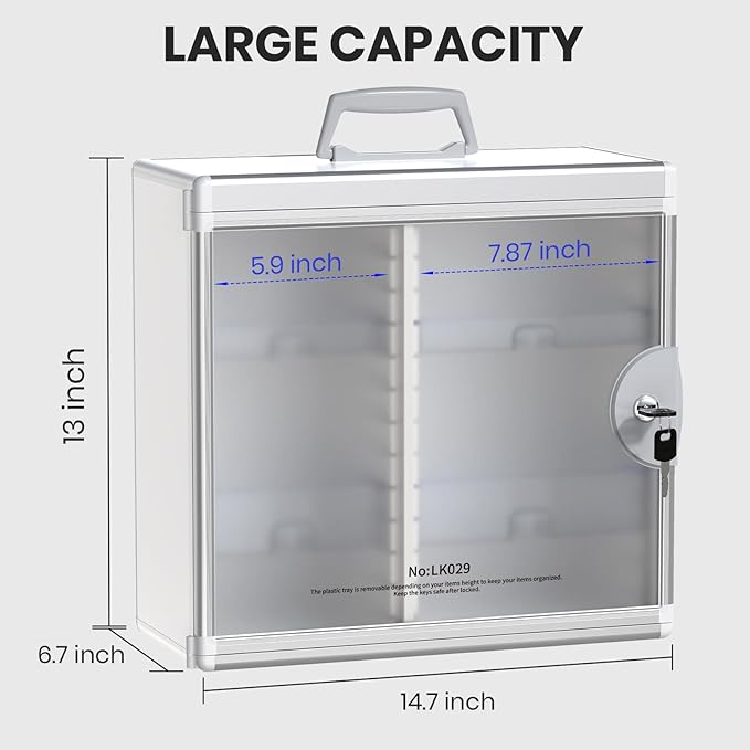 Medicine Cabinet with Key Lock - Aluminum Wall Mount Medication Lock Box with 4 Removable Trays & Handle, Secure Locking Medicine Storage Organizer for Home, School & Office (Silver, Large)