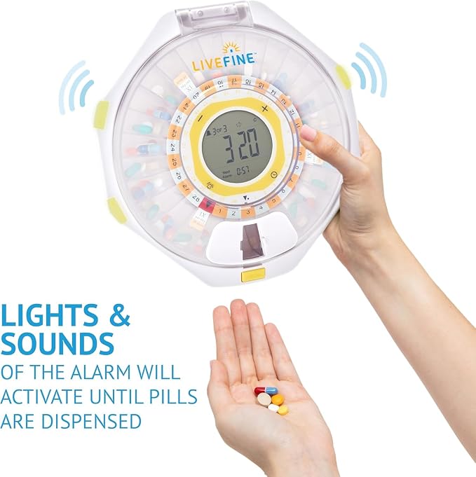 LiveFine Bluetooth Pill Dispenser, 9 Dosage Rings, 28-Day, Frosted Lid | Free app control with sound and light alerts, secure key lock, quick-press latch - trusted by seniors, arthritis sufferers.