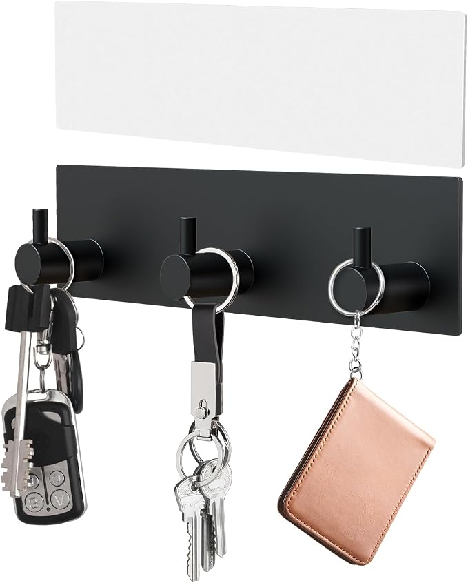 VIS'V Key Holder Wall Mount, Small Adhesive Key Hanger with 3 Hooks, Black | Metal Material, No Drilling, Extra Adhesive Strip, Suitable for Entryway, Hallway, Doorway, Kitchen, Garage, Camper