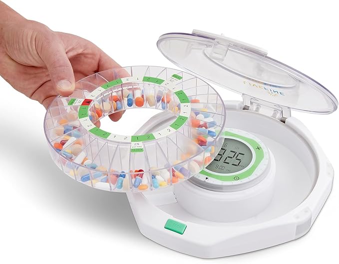 LiveFine 28-Day Automatic Pill Dispenser, 9 Dosage Rings, Clear Lid | Portable, battery-powered with a lockable key cover - built for seniors, arthritis sufferers, and caregivers.