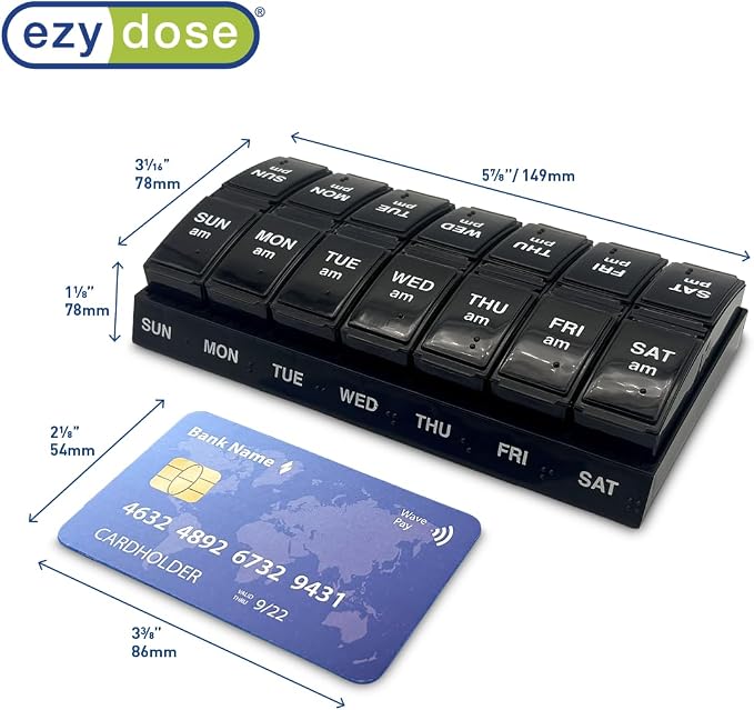 EZY DOSE Weekly, AM/PM Daily Pill Organizer, 7-Day Medicine Planner, Vitamin Container, Small Pop-Out Compartments, 2 Times a Day Pill Holder, Black, Travel-Friendly, BPA Free