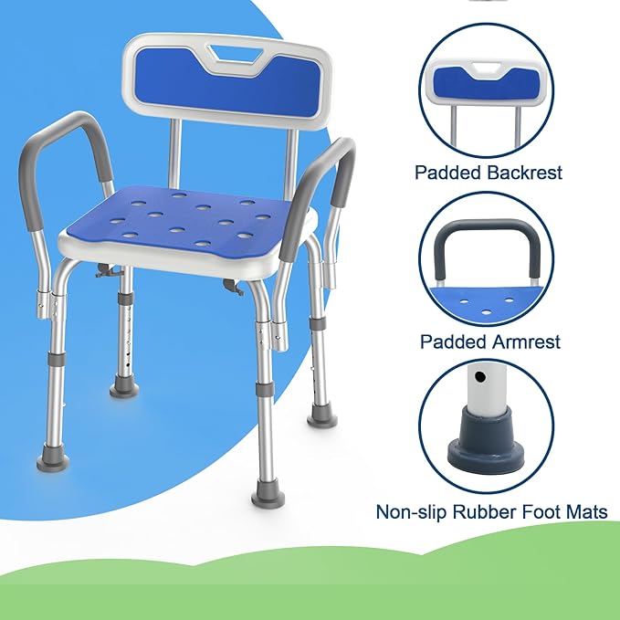 Shower Chair with Arms for Tub,Sturdy Aluminum Alloy Bath Chair,Slip Resistant Shower Bench,Height-Adjustable Shower Seat with Padded Handles for Seniors