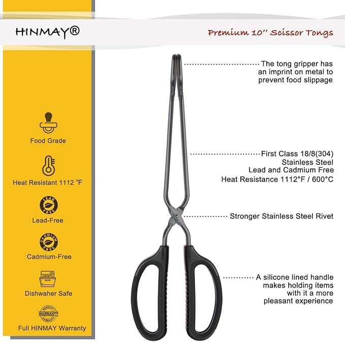 10" Stainless Steel Scissor Tongs with Comfort-Grip Handle (Black)