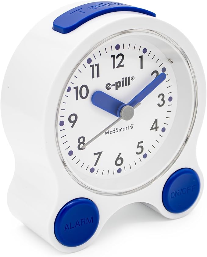 e-Pill MedSmart V8 Medication Reminder Clock for Seniors – 8 Loud Daily Alarms, Atomic Auto-Set Time, Large Easy-Read Screen, White