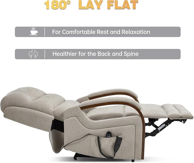 Trustyue Power Lift Recliner Chair, 180° Lay Flat Recliner, Lift Chair with Massage and Heat, Standing Assistance, Infinite Position Reclining, Living Room Chair for Elderly People(Fabric Beige1)