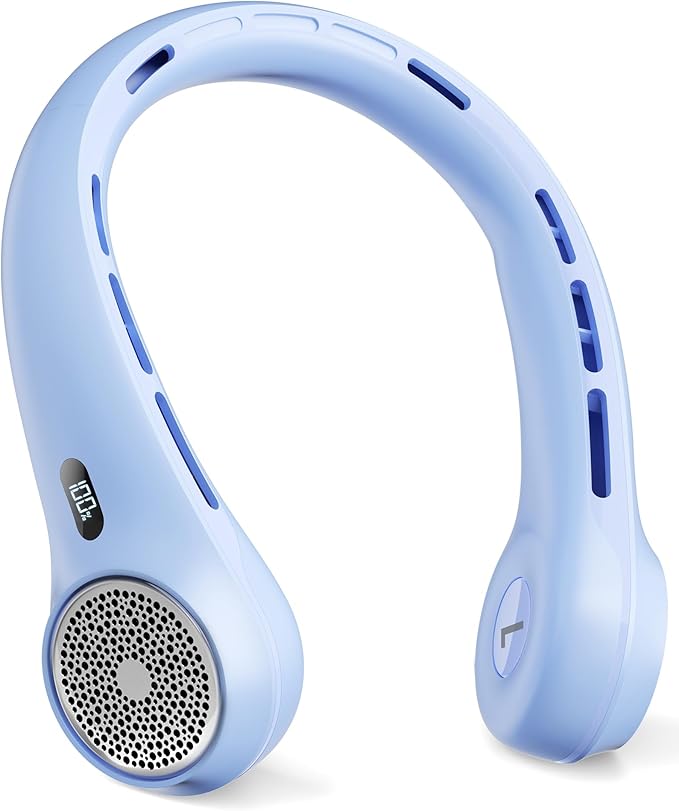 Portable Neck Fan with 4000mAh Rechargeable Battery & LED Display, Personal Cooler for Women/Men, 3-Speed Bladeless 360° Cooling Fans, Stylish Gift for Gym/Travel/Office,Light blue