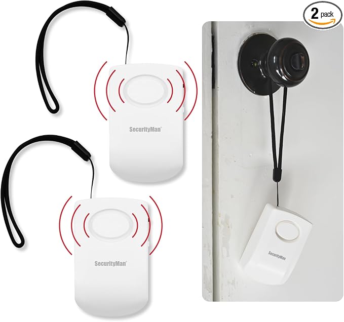 Securityman Door Handle Alarm with 130dB Vibration Triggered Portable Door Alarms When Opened - Perfect for Kids, Toddler, Elderly, Hotel, Travel, Bedroom (2 Pack Door Security)