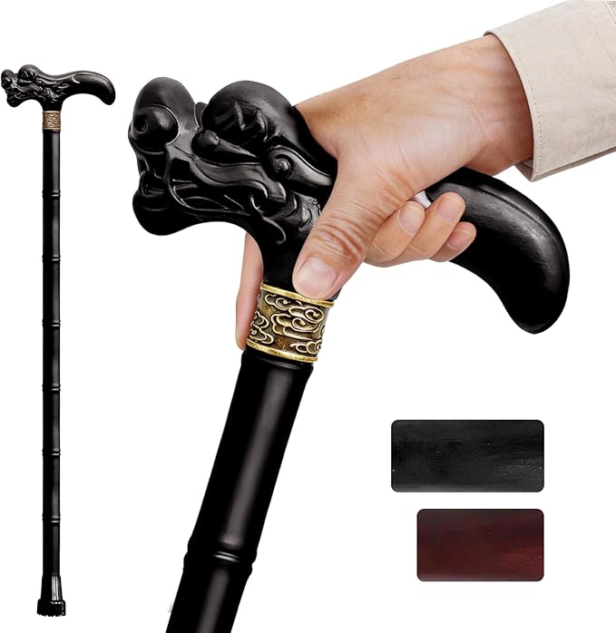 Wooden Walking Cane, 3D Dragon Engraved Cane Support up to 400 lb, Canes for Seniors Men Women of Different Heights